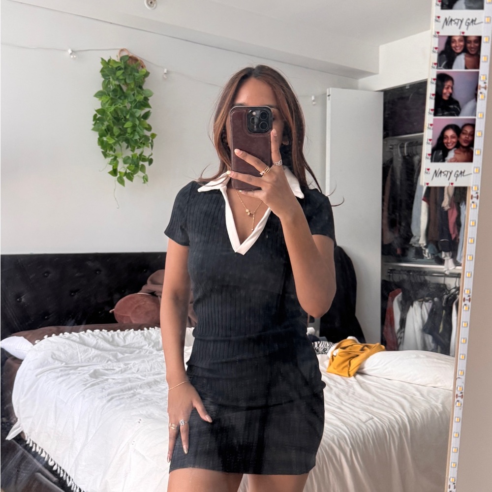 Black Ribbed Dress with White Collar